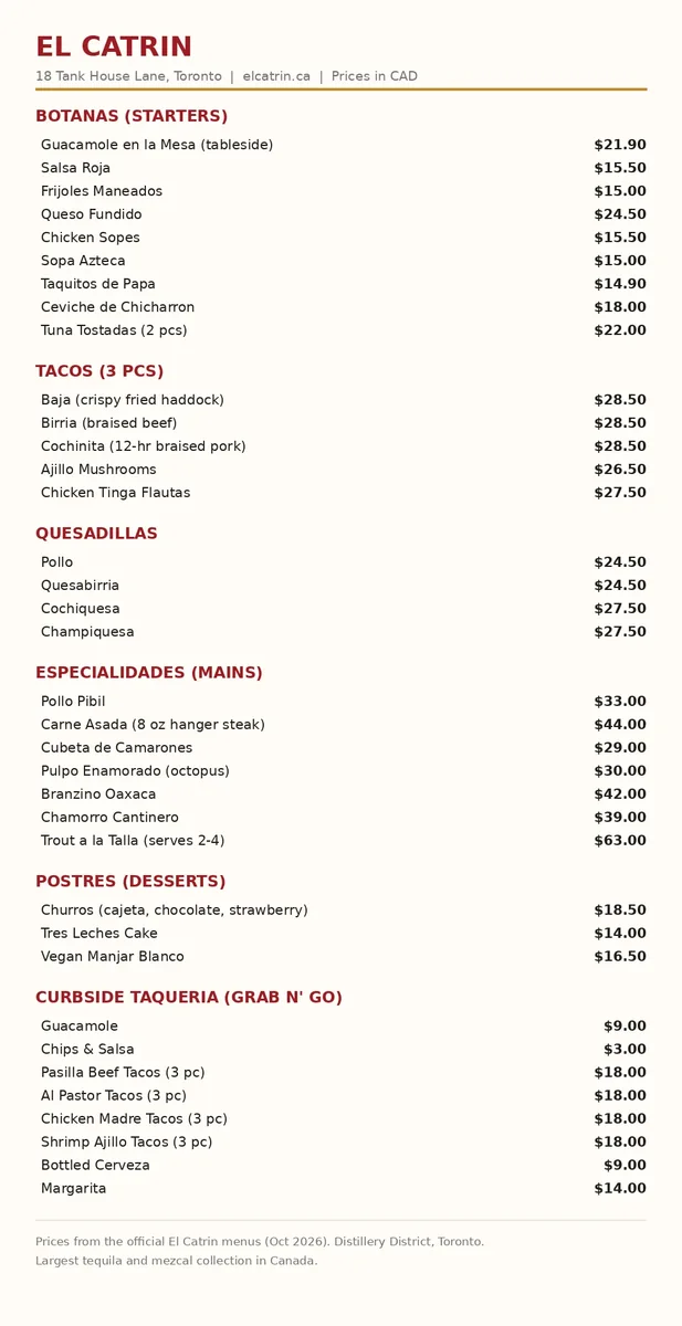 El Catrin official menu card Canada 2026 with botanas, tacos, quesadillas and especialidades prices, el catrin menu prices