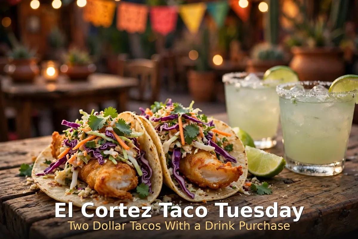 El Cortez Taco Tuesday two dollar tacos with a drink purchase, el cortez taco tuesday menu