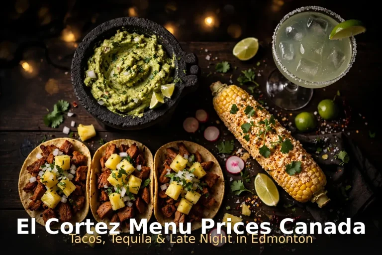 El Cortez menu prices Canada 2026 featured: AI-generated tacos al pastor spread with PIL keyword overlay