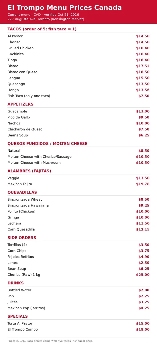 El Trompo menu prices Canada: current menu card with CAD prices for tacos, appetizers, quesadillas, fajitas, sides and drinks