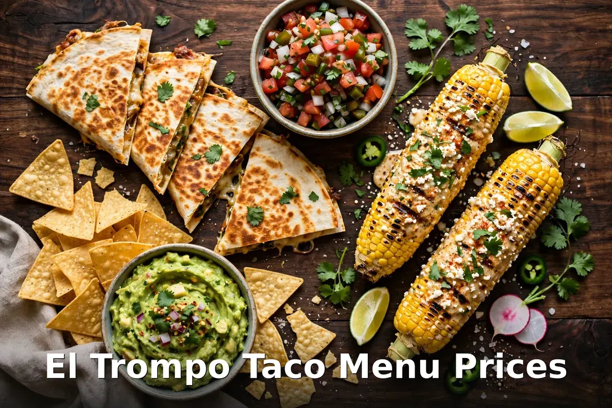 El Trompo taco menu prices: quesadillas, guacamole, grilled corn and fresh pico de gallo on a wooden table