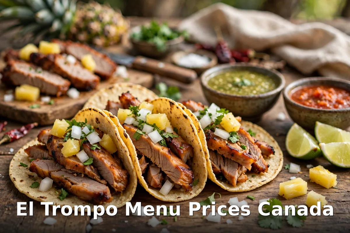 El Trompo Menu Prices Canada 2026: al pastor tacos with pineapple, cilantro and salsa on a wooden table