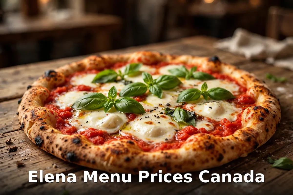 Elena menu prices Canada 2026 featured: AI-generated wood-fired margherita pizza with PIL keyword overlay