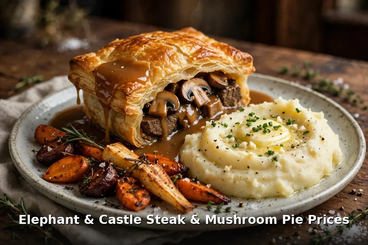 AI-generated steak and mushroom pie photo with PIL keyword overlay, Elephant & Castle menu prices Canada