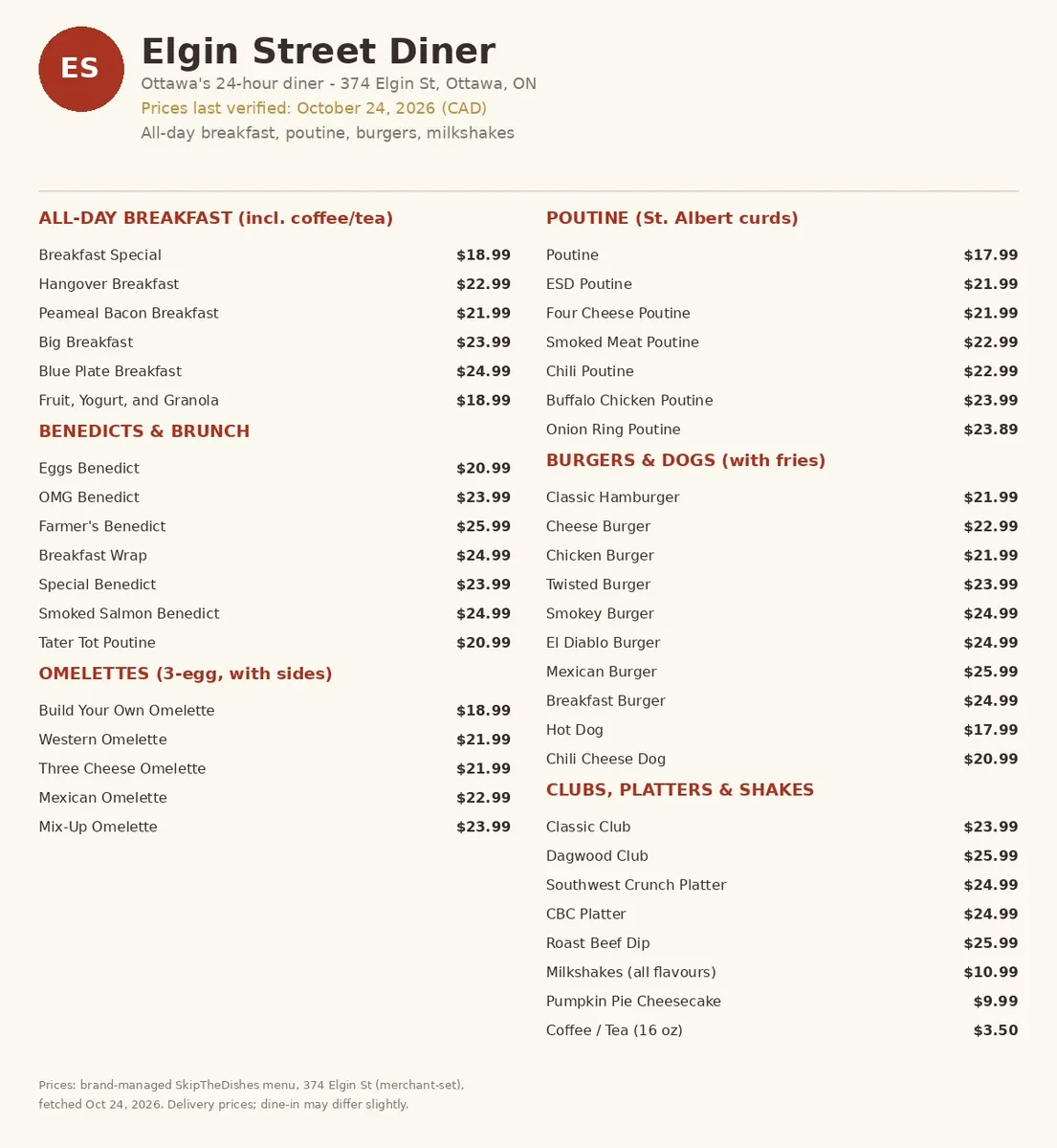 Elgin Street Diner menu prices Canada, current menu card render with all-day breakfast, poutine, burger and milkshake prices in CAD