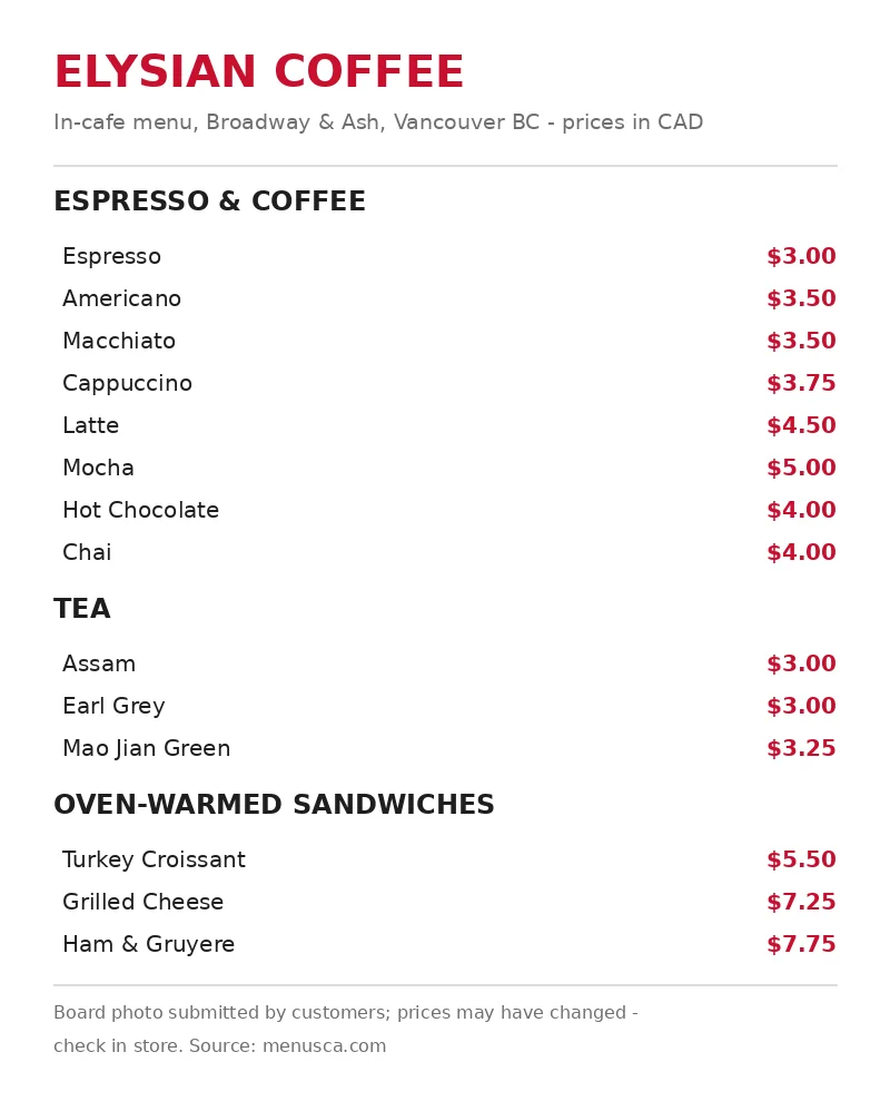 Elysian Coffee Canada menu card 2026 with verified CAD prices for espresso, coffee, tea and oven-warmed sandwiches, elysian coffee menu prices canada