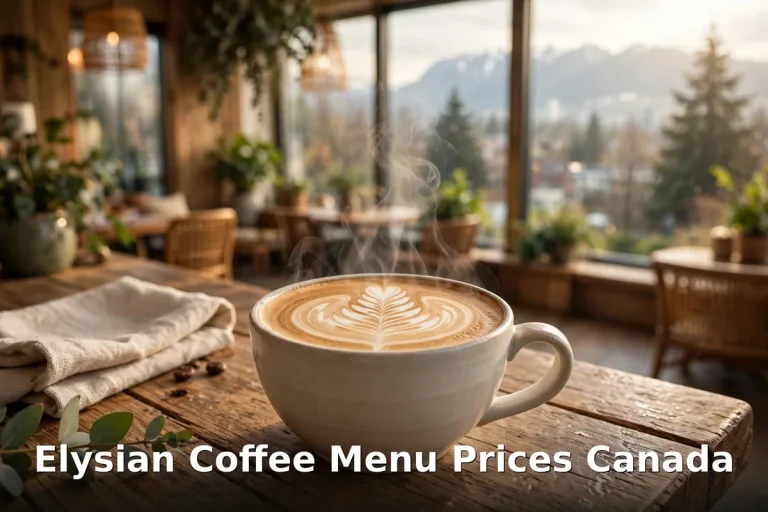 Elysian Coffee latte art cup on wooden cafe table, elysian coffee menu prices canada 2026