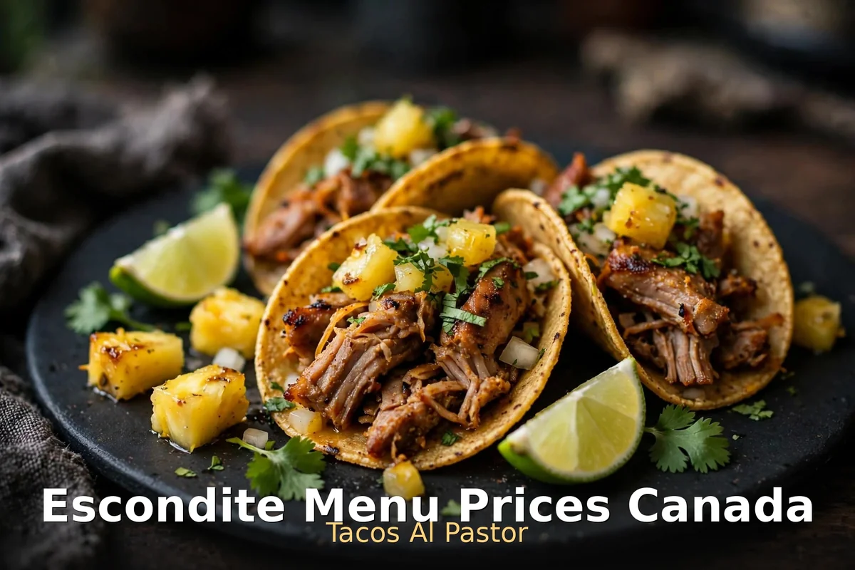 Tacos al pastor with pineapple, cilantro and lime, Escondite tacos al pastor prices Canada
