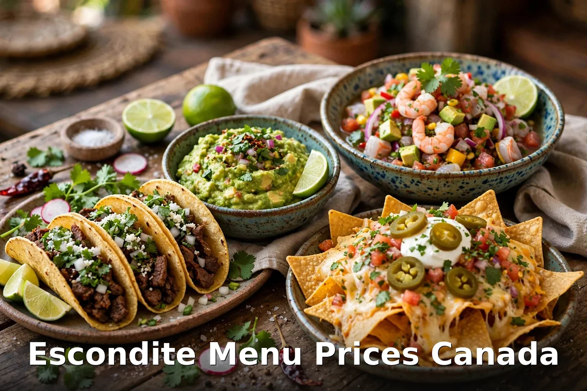 Escondite menu prices Canada 2026 featured: AI-generated Mexican taco spread with PIL keyword overlay