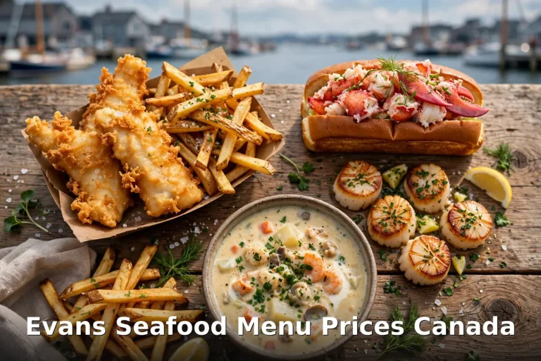Evans Seafood menu prices Canada 2026 featured: AI-generated seafood spread with PIL keyword overlay "Evans Seafood Menu Prices Canada"