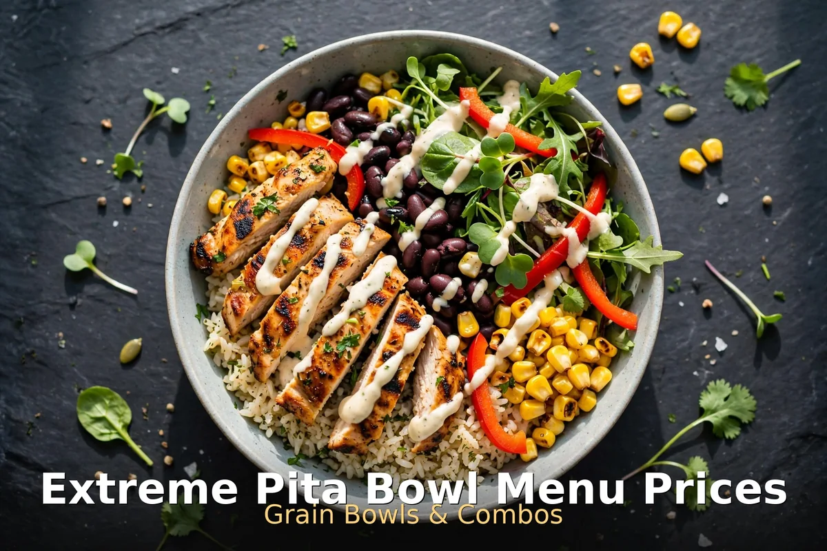 Extreme Pita grain bowl with grilled chicken, rice, black beans, corn and peppers, extreme pita bowl menu prices Canada