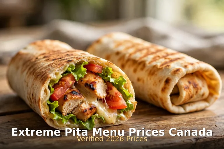 Grilled chicken pita wraps with fresh vegetables and text overlay, extreme pita menu prices canada 2026