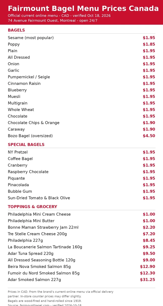 Fairmount Bagel menu prices Canada: full current menu card with CAD prices