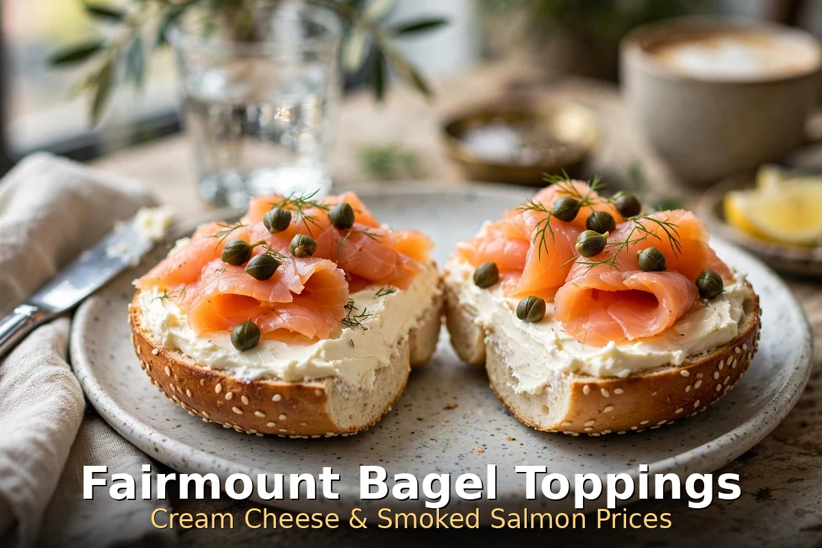 Fairmount Bagel toppings prices Canada: smoked salmon and cream cheese on sesame bagels, fairmount bagel menu prices canada