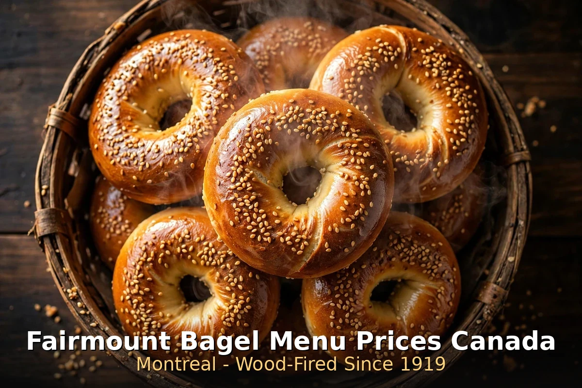 Fairmount Bagel menu prices Canada 2026: basket of sesame wood-fired bagels with steam