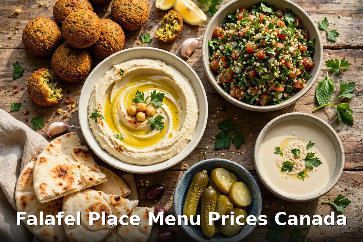 AI-generated Middle Eastern falafel spread photo with menu prices title, falafel place menu prices canada 2026