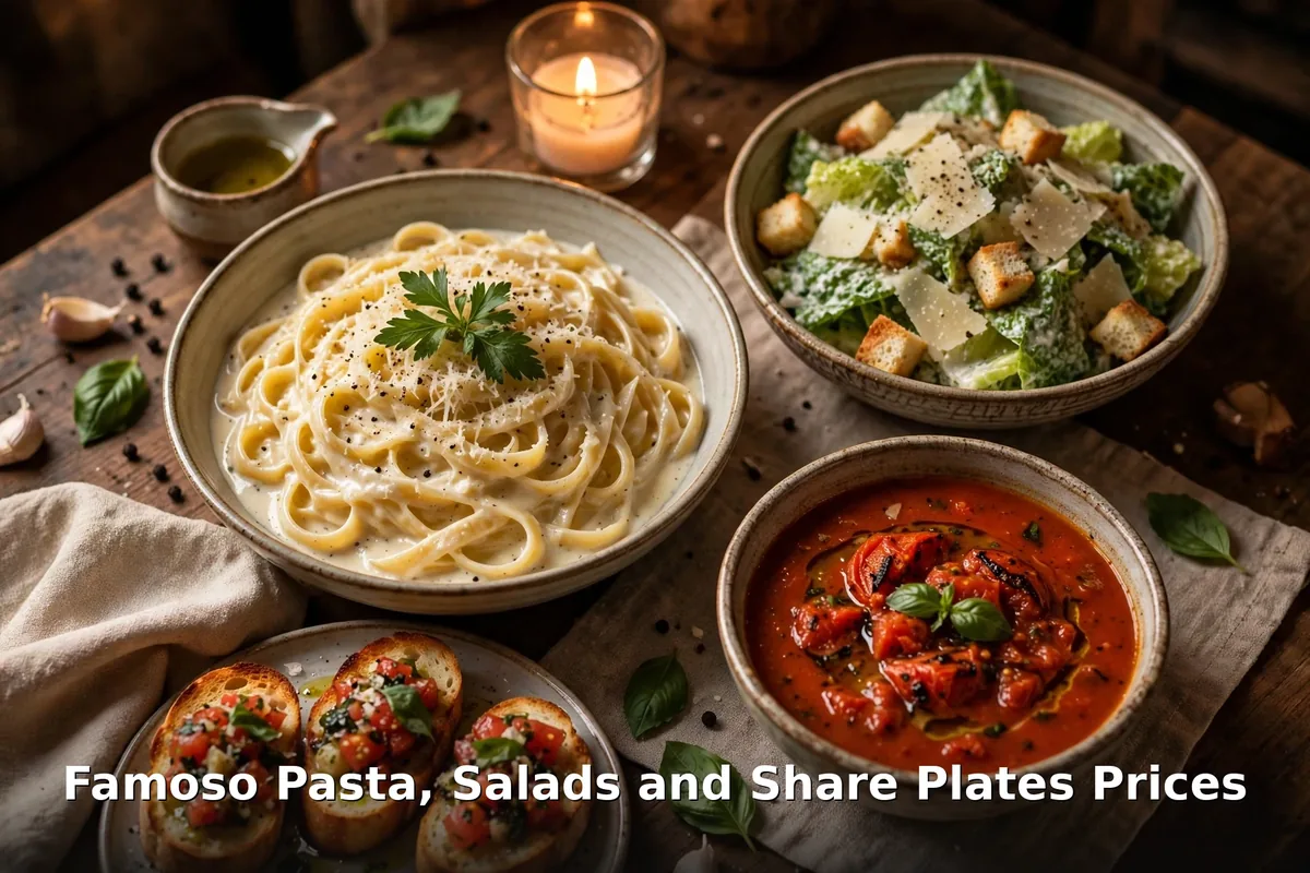 Famoso pasta, salads and share plates: fettuccine alfredo, caesar salad, fire-roasted tomato bisque and bruschetta, famoso pasta menu prices Canada