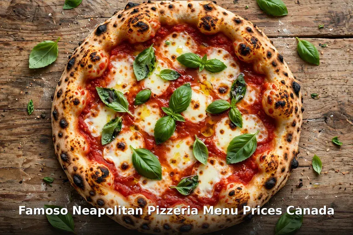 Neapolitan margherita pizza from wood-fired oven with text overlay, famoso menu prices canada 2026