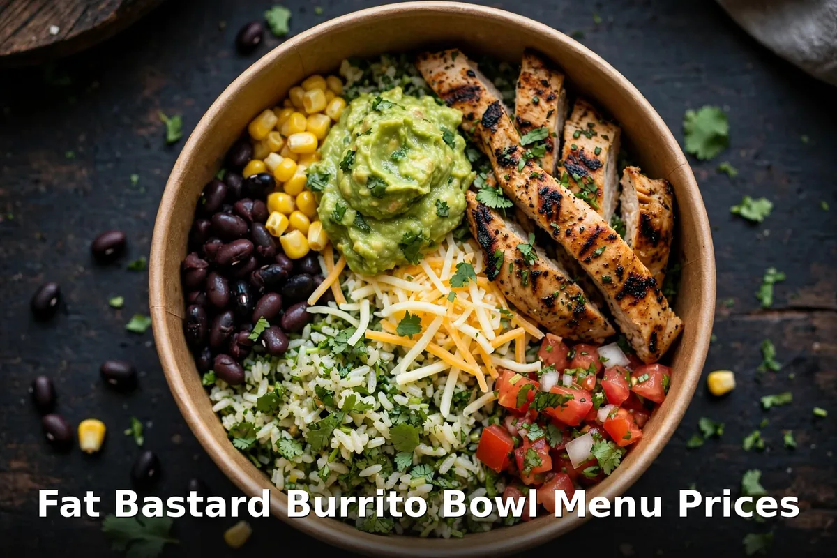 Fat Bastard Burrito burrito bowl menu prices Canada - chicken, rice, beans and guacamole