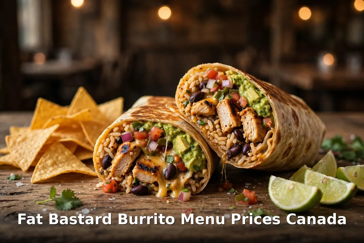 Fat Bastard Burrito menu prices Canada - grilled chicken burrito halves with rice, beans and guacamole