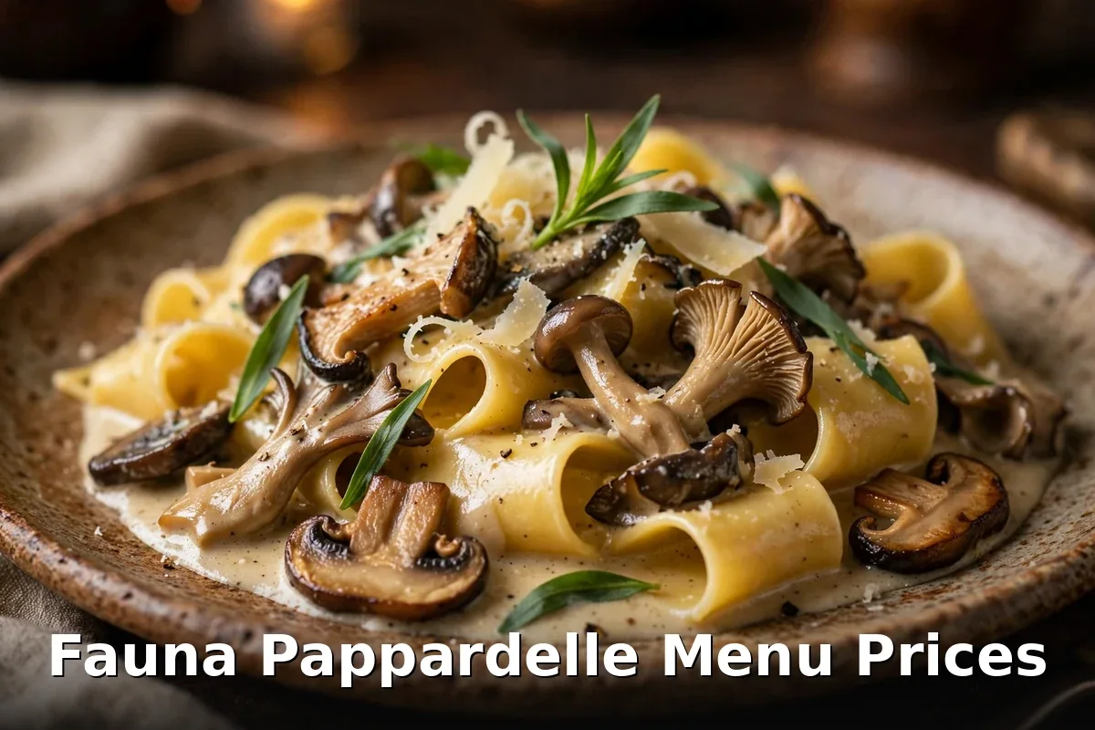 AI-generated pappardelle with wild mushrooms and parmesan, PIL keyword overlay, Fauna Ottawa menu prices Canada