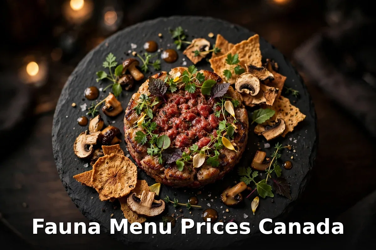 Fauna menu prices Canada 2026 featured: AI-generated bison tartare with juniper and herbs on dark slate, crisp PIL keyword overlay
