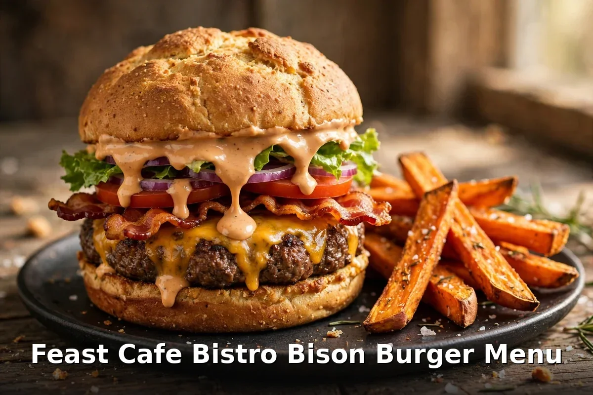 Feast Cafe Bistro bison cheddar burger with bannock, Feast Cafe Bistro menu prices Canada