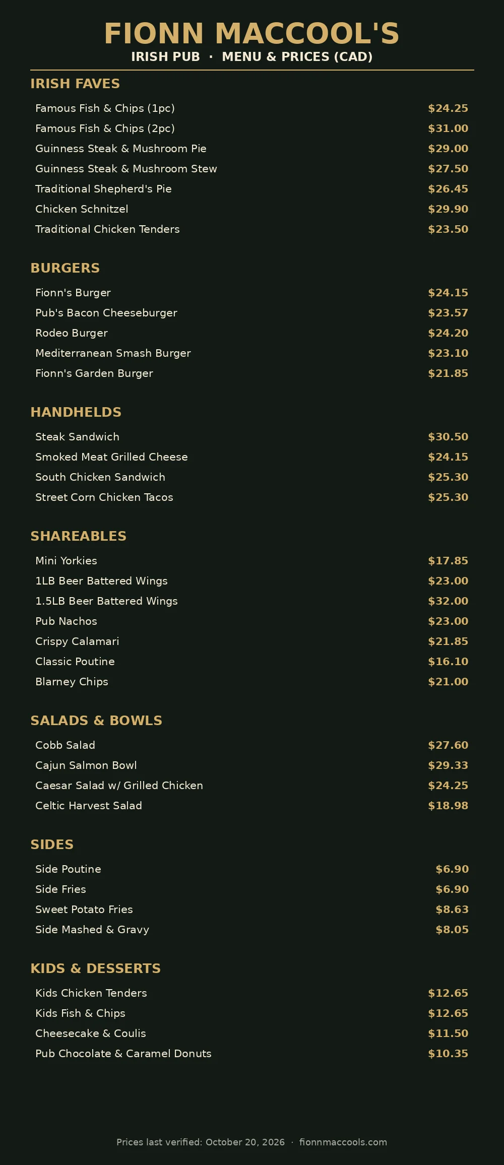 Fionn MacCool's menu card Canada 2026 with current Irish favourites, burger, handheld, appetizer, salad and dessert prices, transcribed from the official fionnmaccools.com online menu