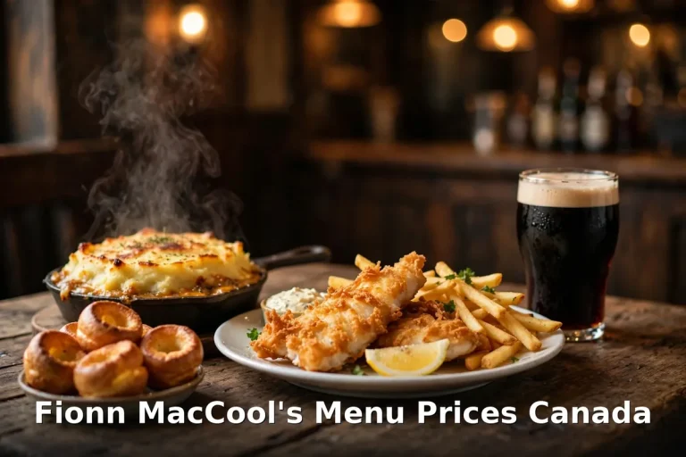 Fionn MacCool's menu prices Canada 2026: AI-generated Irish pub table with beer-battered fish and chips, Guinness gravy pie and pints