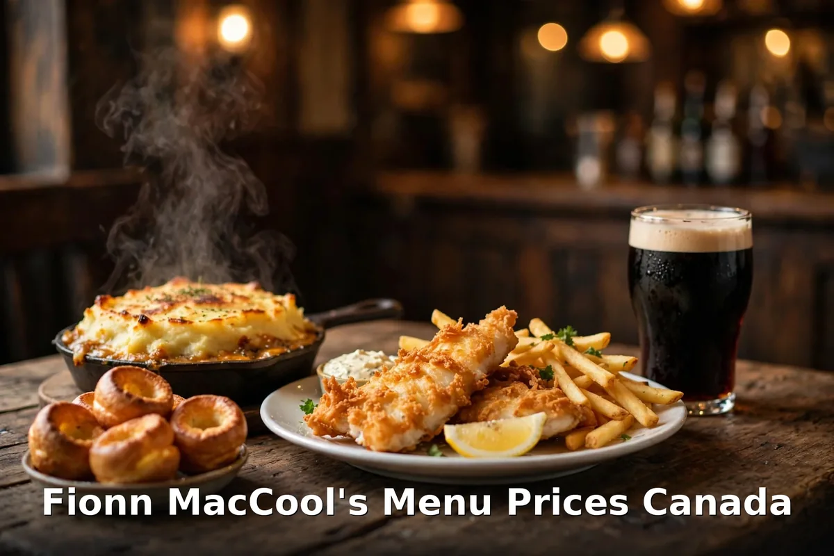 Fionn MacCool's menu prices Canada 2026: AI-generated Irish pub table with beer-battered fish and chips, Guinness gravy pie and pints