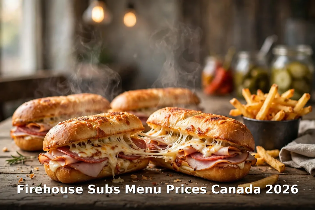 Firehouse Subs Menu Prices Canada 2026, AI steaming hot sub photo with keyword text overlay