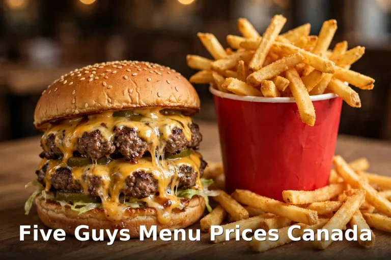 Five Guys menu prices Canada 2026, AI cheeseburger and fries photo, five guys menu prices canada