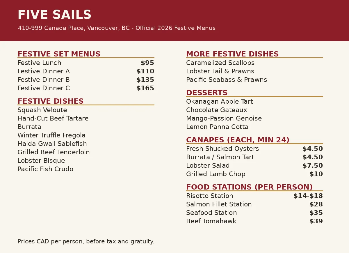 Five Sails menu prices Canada, official festive menus card with lunch $95 and dinner set menus $110, $135 and $165 per person