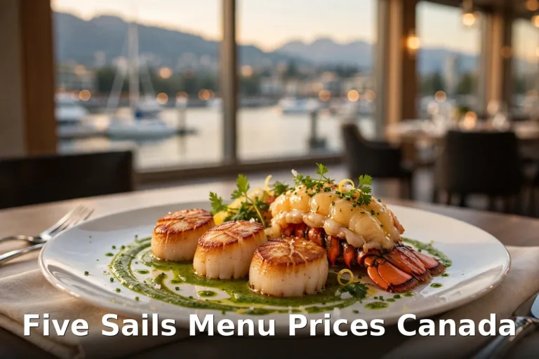 Five Sails menu prices Canada 2026, seared scallops and lobster with harbour view at the Vancouver fine dining restaurant