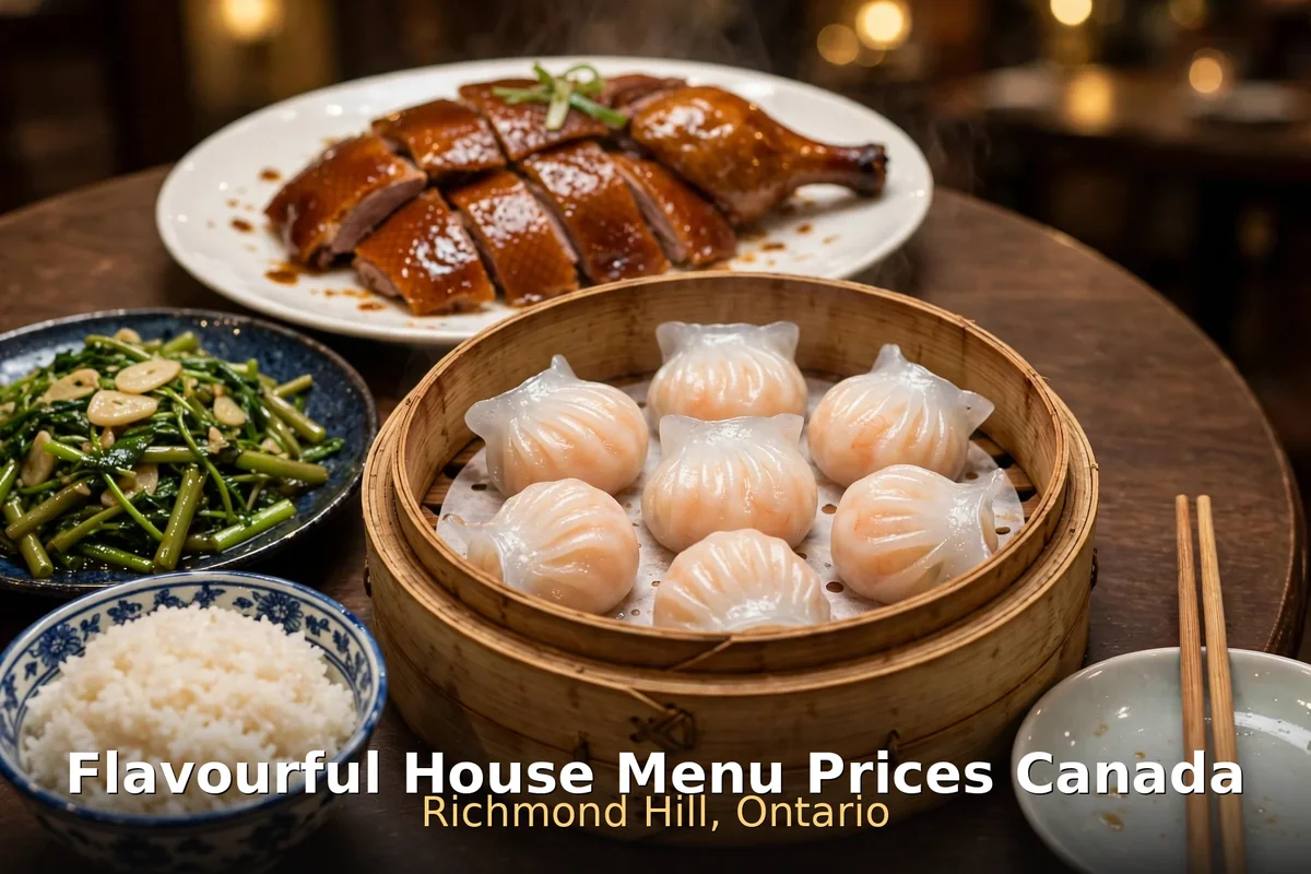 Flavourful House menu prices Canada 2026: Cantonese spread with roast duck, fried rice and dim sum on a round table