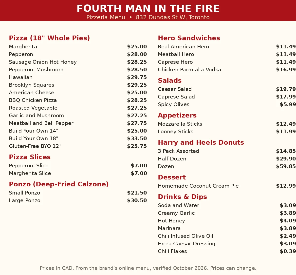 Fourth Man in the Fire menu card with current pizza prices in CAD, Fourth Man in the Fire menu prices Canada