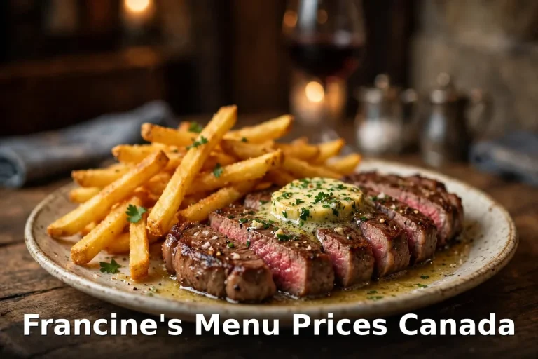 Francine's menu prices Canada, Calgary French steak frites plate in a low-lit Parisian-tavern room