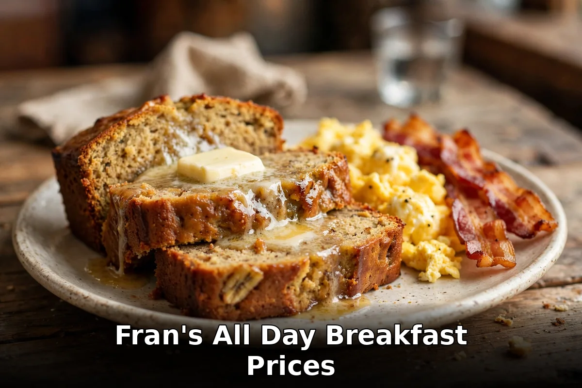 frans restaurant breakfast menu prices: Fran's banana bread and all day breakfast plate