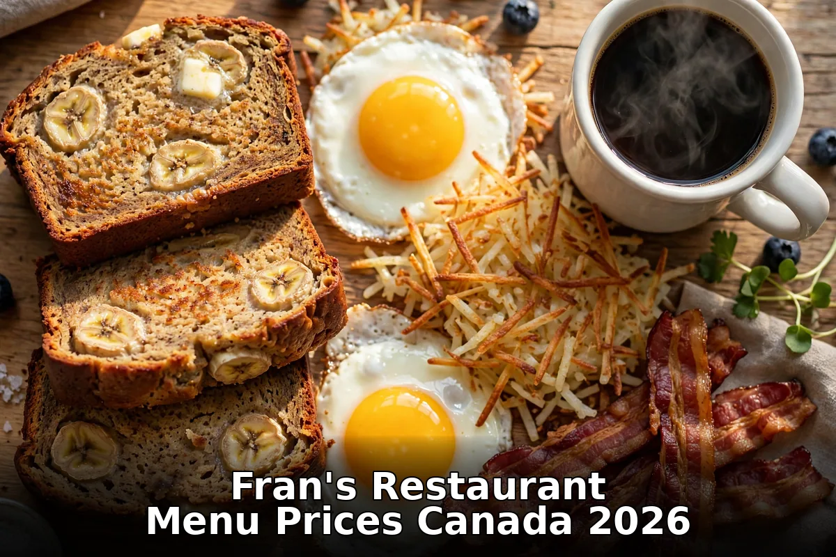 frans restaurant menu prices canada 2026: diner breakfast spread with banana bread