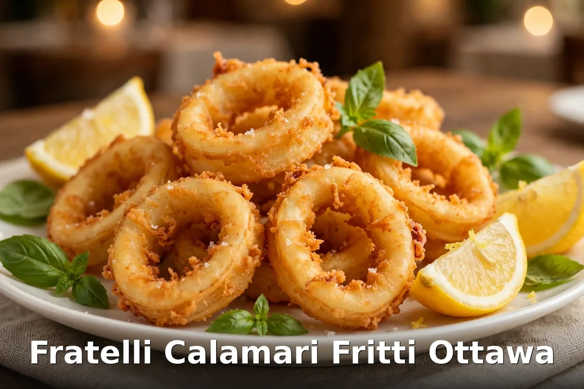 Fratelli calamari fritti Ottawa, golden fried calamari rings with lemon wedges and basil