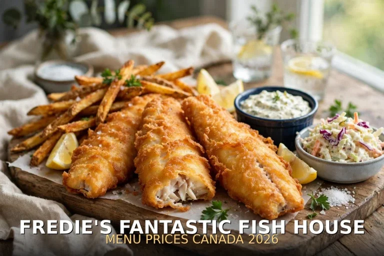 Fredie's Fantastic Fish House fish and chips spread, Fredie's Fantastic Fish House menu prices Canada 2026