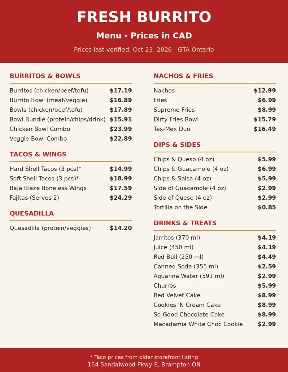 Fresh Burrito menu card with burrito, bowl, and combo prices in CAD, fresh burrito menu prices canada