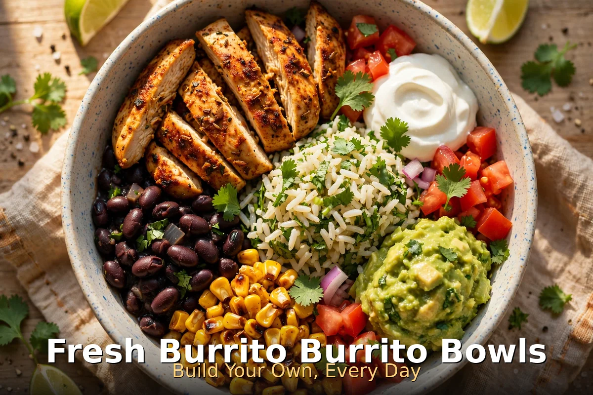 Fresh Burrito burrito bowl with chicken, beans, corn, rice, and guacamole, fresh burrito burrito bowls prices