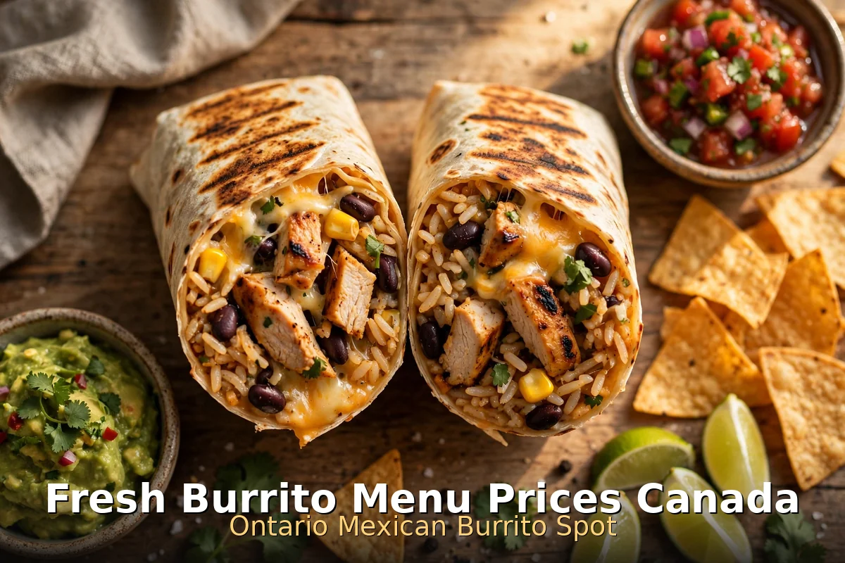 Grilled burrito halved on wooden table with chips, salsa, guacamole and lime, Fresh Burrito menu prices Canada 2026