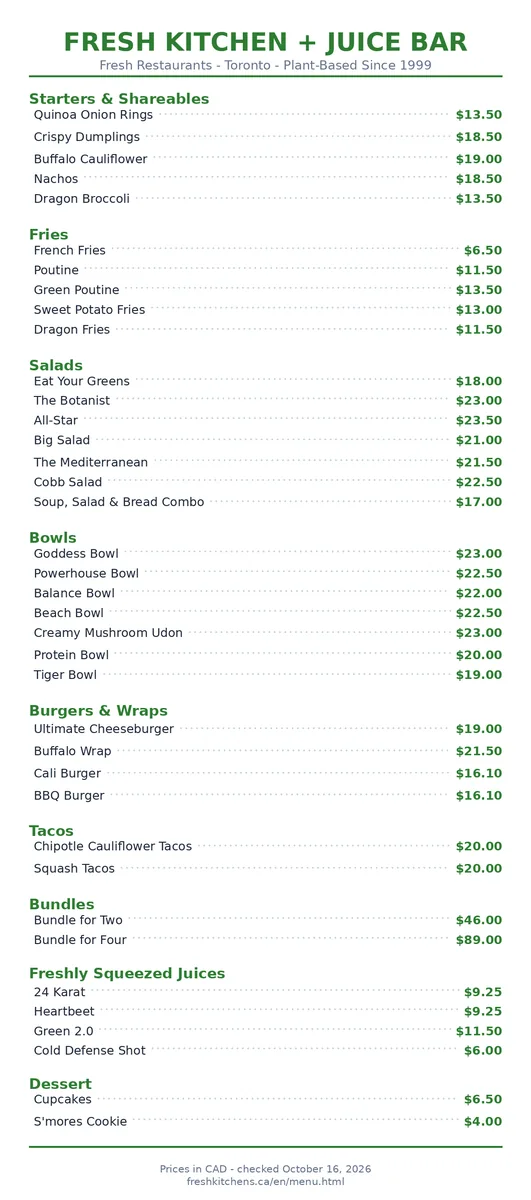 fresh restaurants menu prices canada: official current Fresh Kitchen menu card with CAD prices