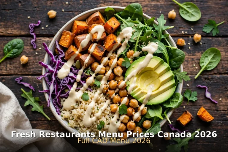 fresh restaurants menu prices canada 2026: colorful vegan buddha bowl with sweet potato, chickpeas, avocado and quinoa