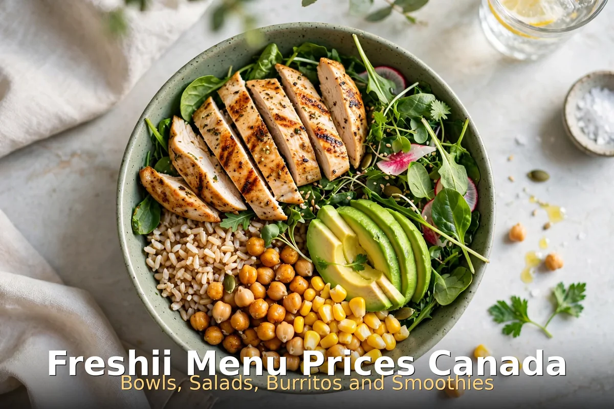 Freshii menu prices Canada 2026: healthy energi bowl with grilled chicken, avocado and chickpeas