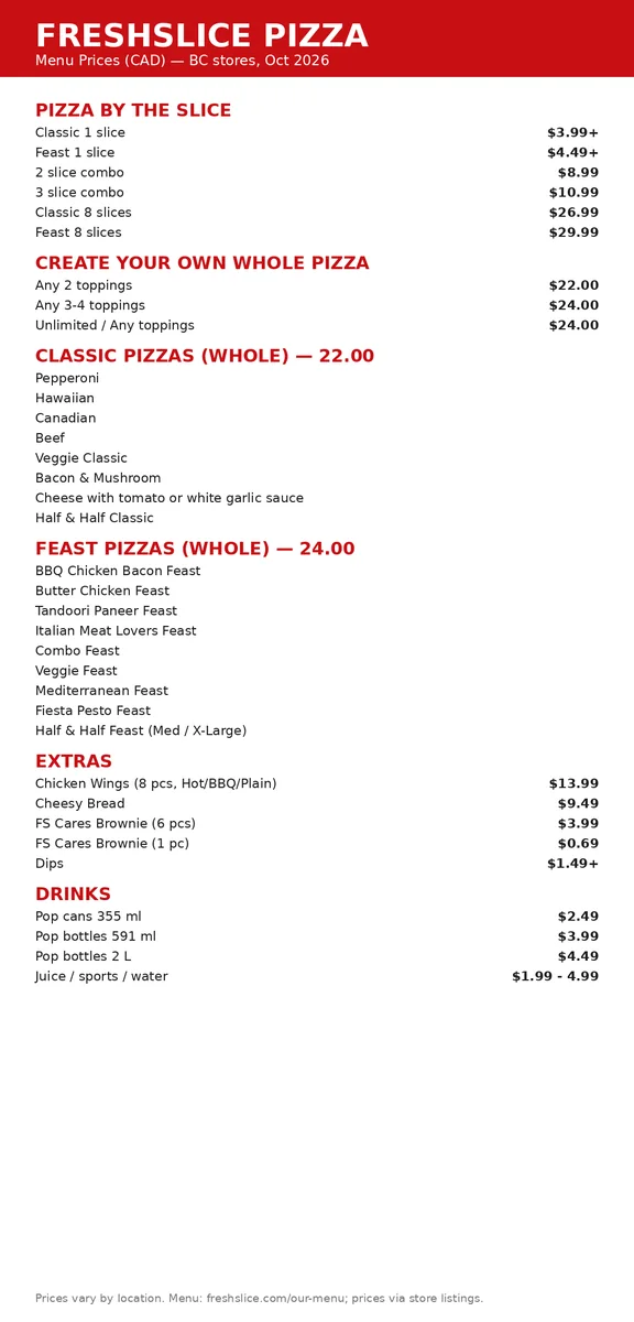 Freshslice Pizza menu prices Canada: current menu card with slice prices and CAD prices