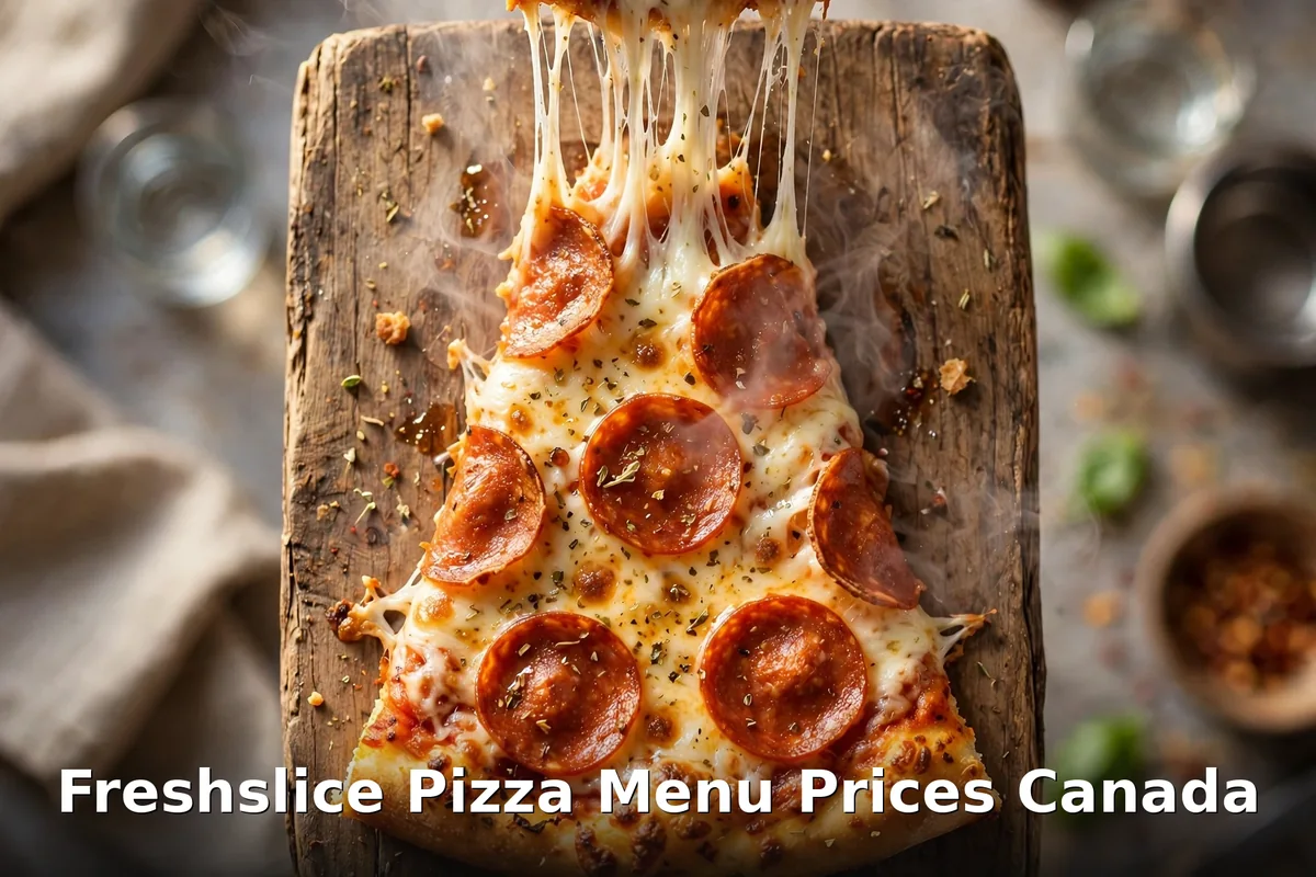 Freshslice Pizza menu prices Canada 2026: appetizing pepperoni pizza slice with cheese pull