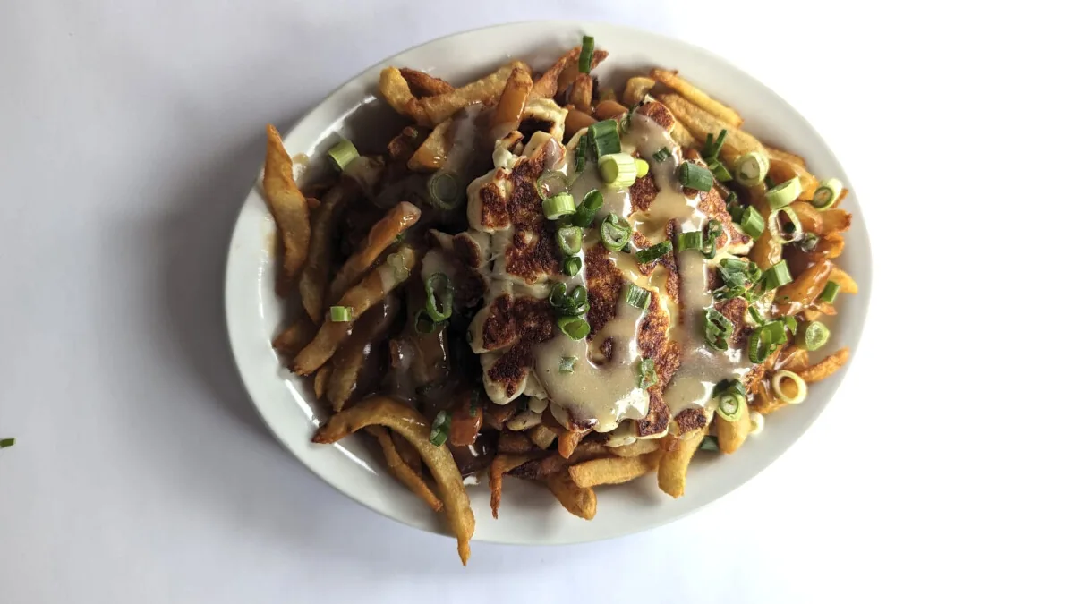 Frite Alors poutine topped with grilled cheese curds and green onions, frite alors menu prices canada